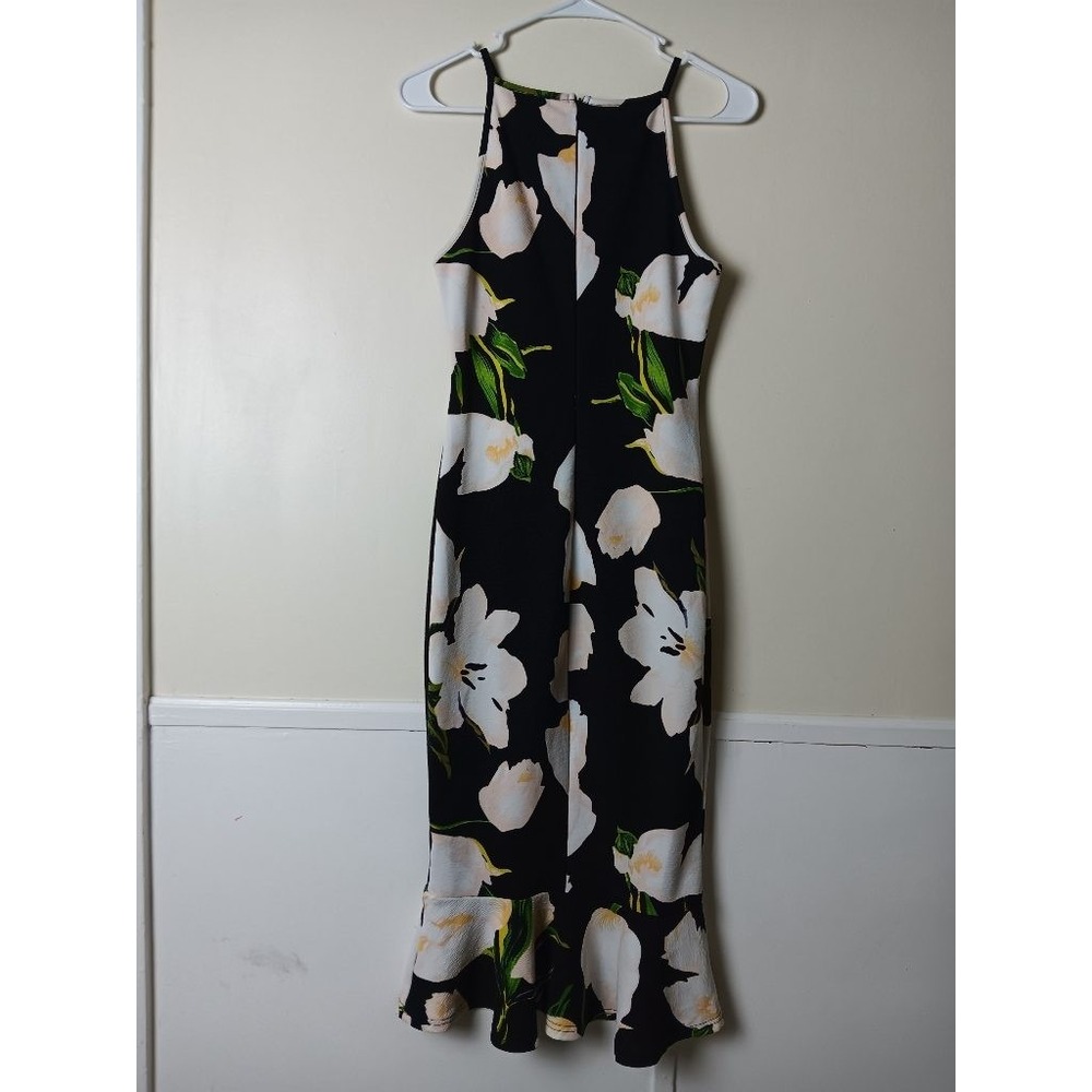 AX Paris Black Floral Tulip Midi Dress Halter Neck Fluted Hem Size 10 UK